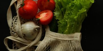 a bag filled with lettuce and tomatoes