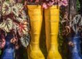 a row of rain boots with plants in them