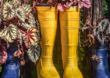 a row of rain boots with plants in them