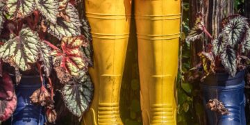 a row of rain boots with plants in them