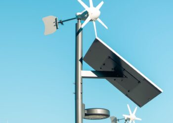 Streetlight with solar panel and wind turbine