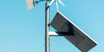 Streetlight with solar panel and wind turbine
