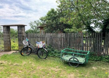 a bike parked next to a wooden fence